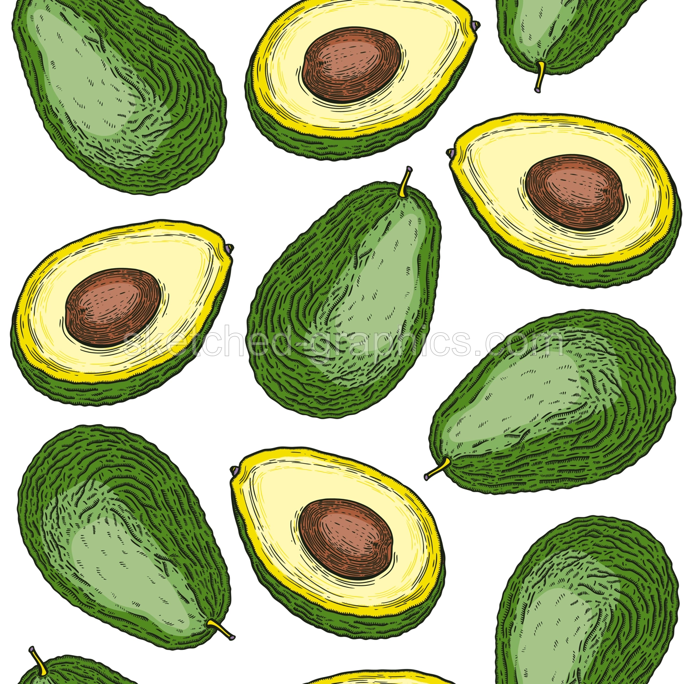 Green avocado fruits background design. Seamless healthy vegan food pattern. Colored flat vector illustration for textile, packaging, print. Whole avocado fruit, cut half piece with core backdrop. Illustration